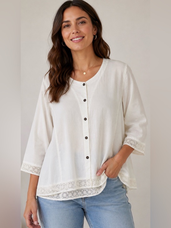 Kleen Tops - Kleen White Cream Lace-Trim Button-Front Blouse XL Boho Cottagecore Resortwear
